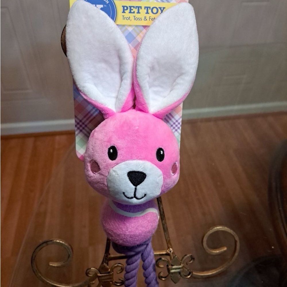 L- - Brand New Pink Bunny Ball & Rope  Dog Toy With Squeaker 15”